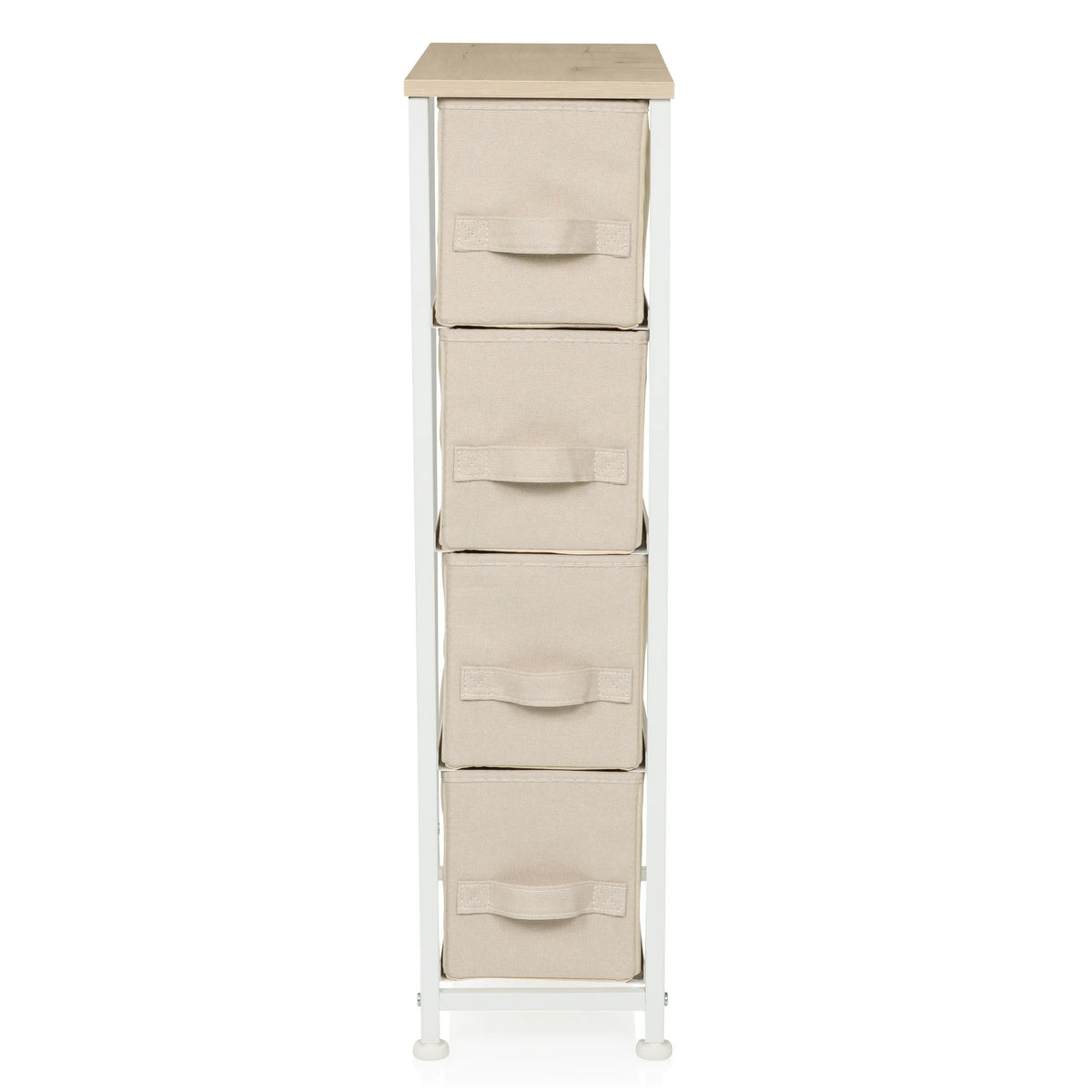 Beige Commode FOLDRESS S met vier stoffen laden en een licht houten blad van hjh LIVING – 360-gradenweergave (vooraanzicht 0°)