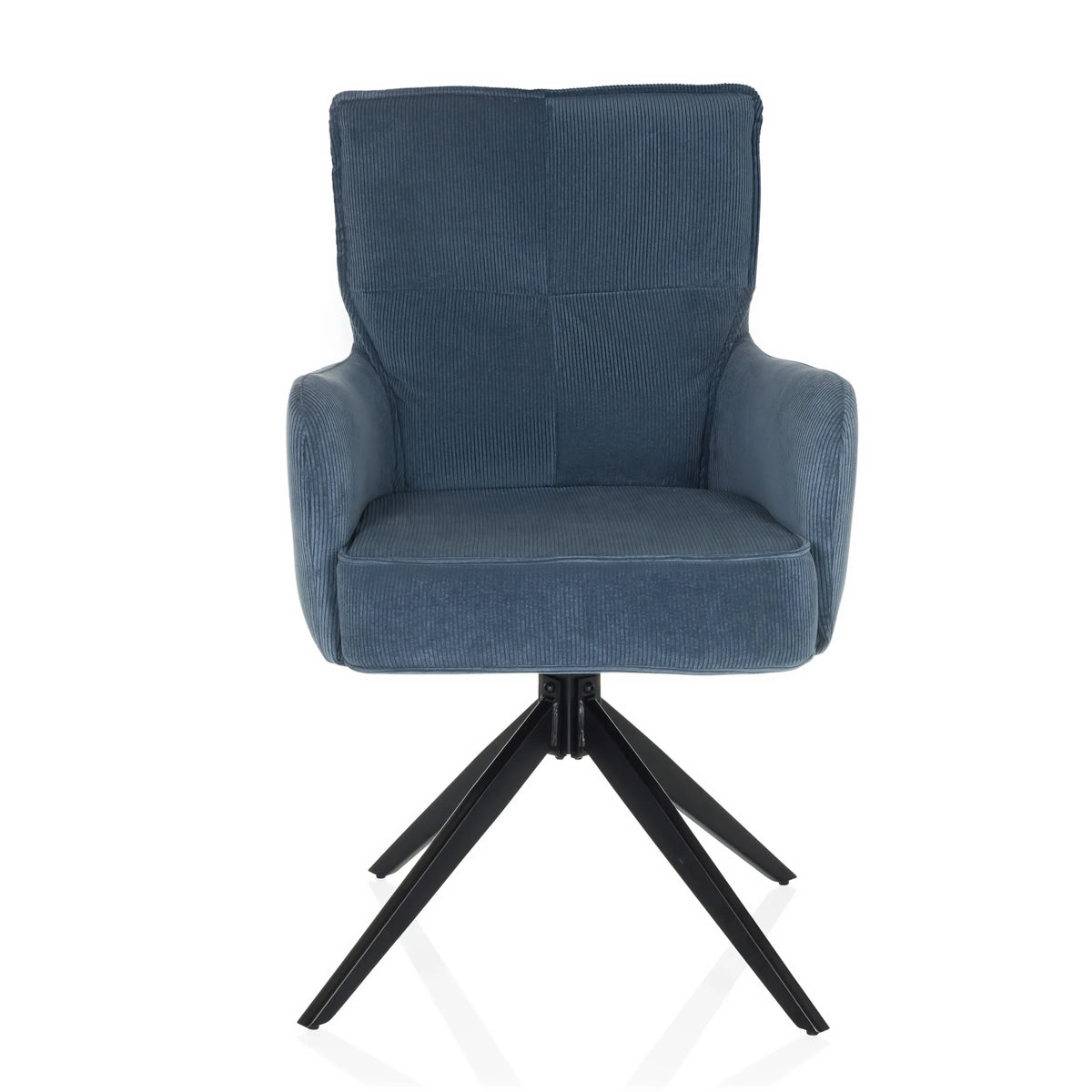Blauwe gestoffeerde stoel TARUGO met corduroy bekleding en zwart vierpootsonderstel van hjh LIVING – 360-gradenweergave (vooraanzicht 0°)