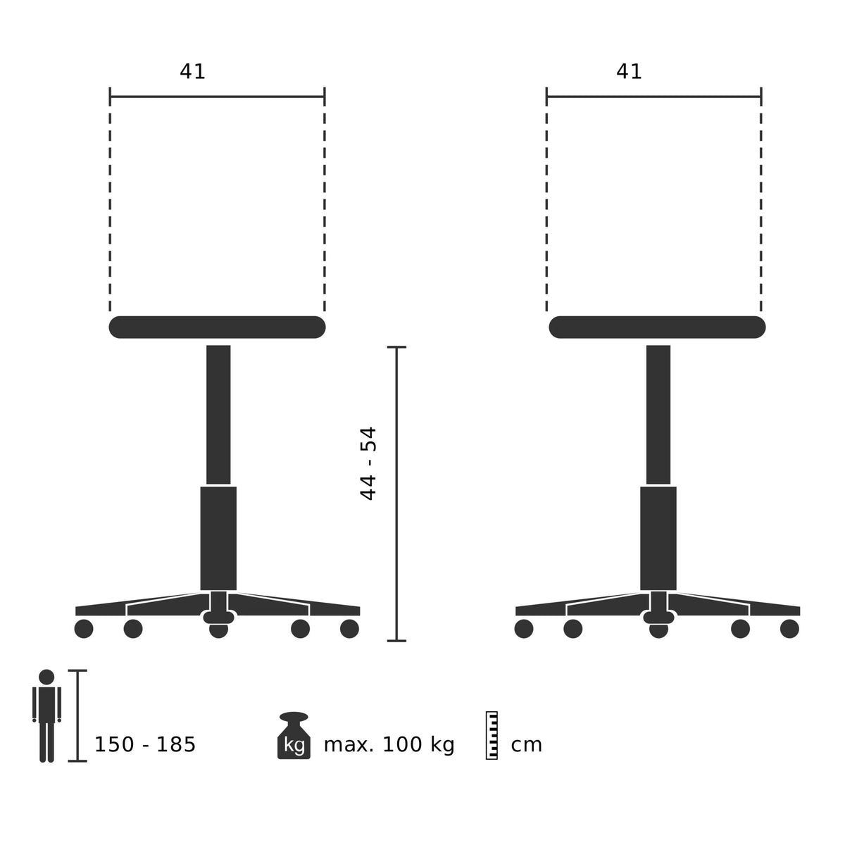 Technische tekening van de stahulp SITNESS 20 met een zitbreedte van 41 cm van Topstar