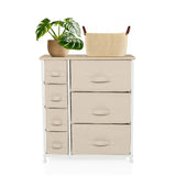 Beige Commode FOLDRESS B met zeven stoffen lades en een wit frame van hjh LIVING