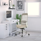 Professionele bureaustoel CHIARO T2 WHITE in beige en grijs met netrugleuning en wieltjes voor het thuiskantoor van hjh OFFICE