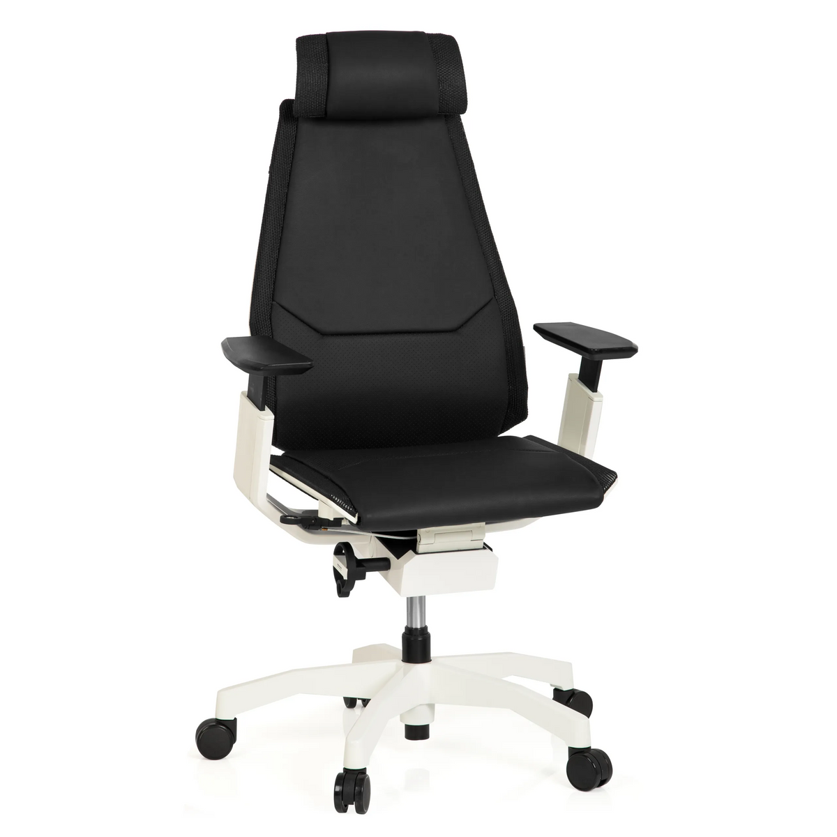 Zwarte High end bureaustoel GENIDIA PRO WHITE van leer met wit onderstel en vijf zwenkwielen van hjh OFFICE – 360-gradenweergave (vooraanzicht 20°)