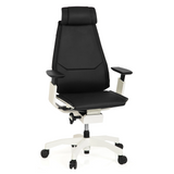 Zwarte High end bureaustoel GENIDIA PRO WHITE van leer met wit onderstel en vijf zwenkwielen van hjh OFFICE – 360-gradenweergave (vooraanzicht 20°)