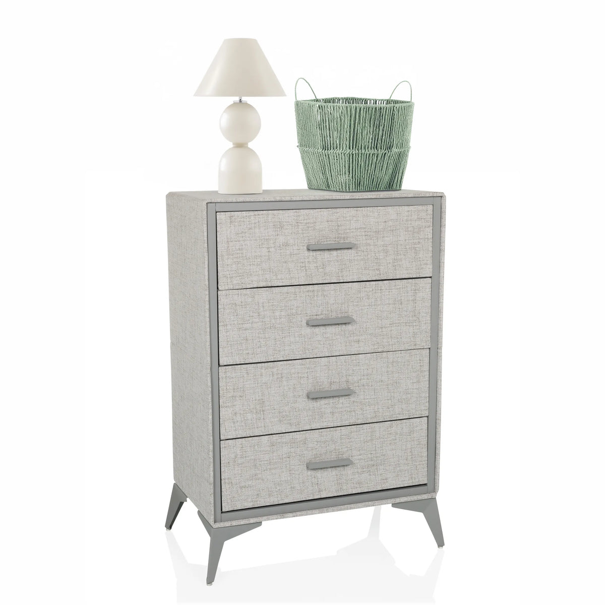Grijze commode SKUFFY met vier lades, slanke grepen en vier taps toelopende poten van hjh LIVING