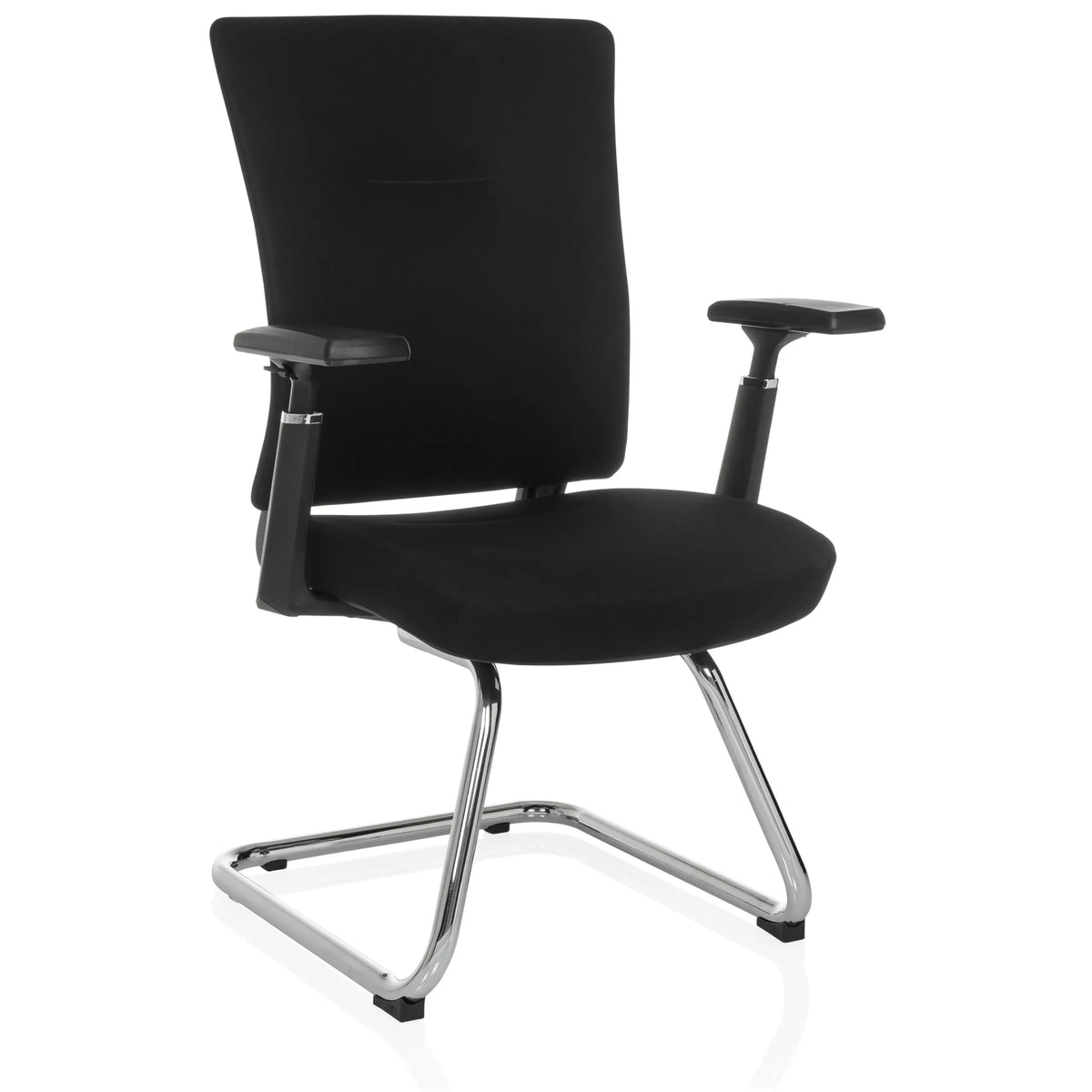 Zwarte vergaderstoel CAPTIVO PRO V met armleuningen en stoffen bekleding van hjh OFFICE – 360-gradenweergave (schuin vooraanzicht 30°)