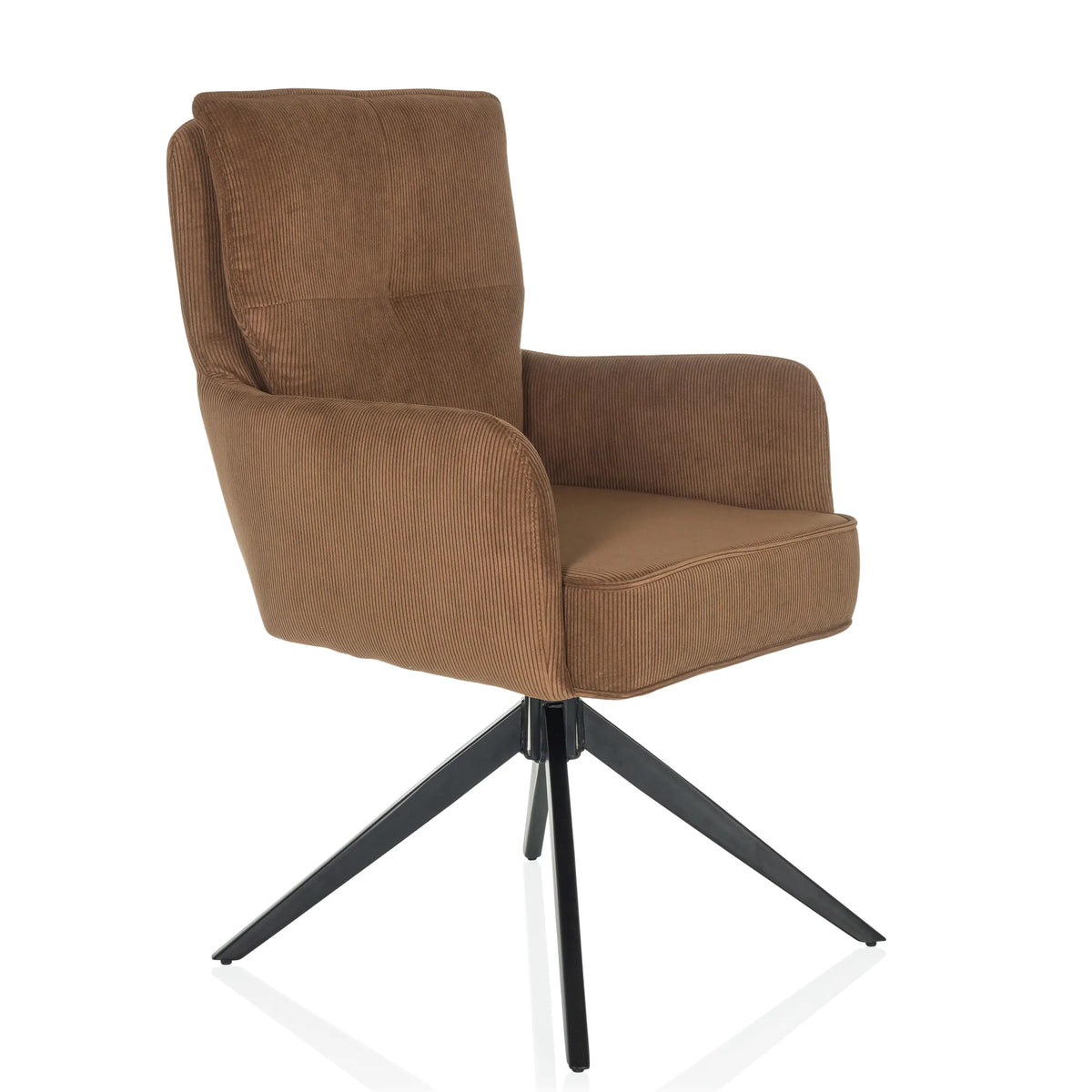 Bruine gestoffeerde stoel TARUGO met corduroy bekleding en zwart vierstervormig onderstel van hjh LIVING – 360-gradenweergave (schuin vooraanzicht 45°)