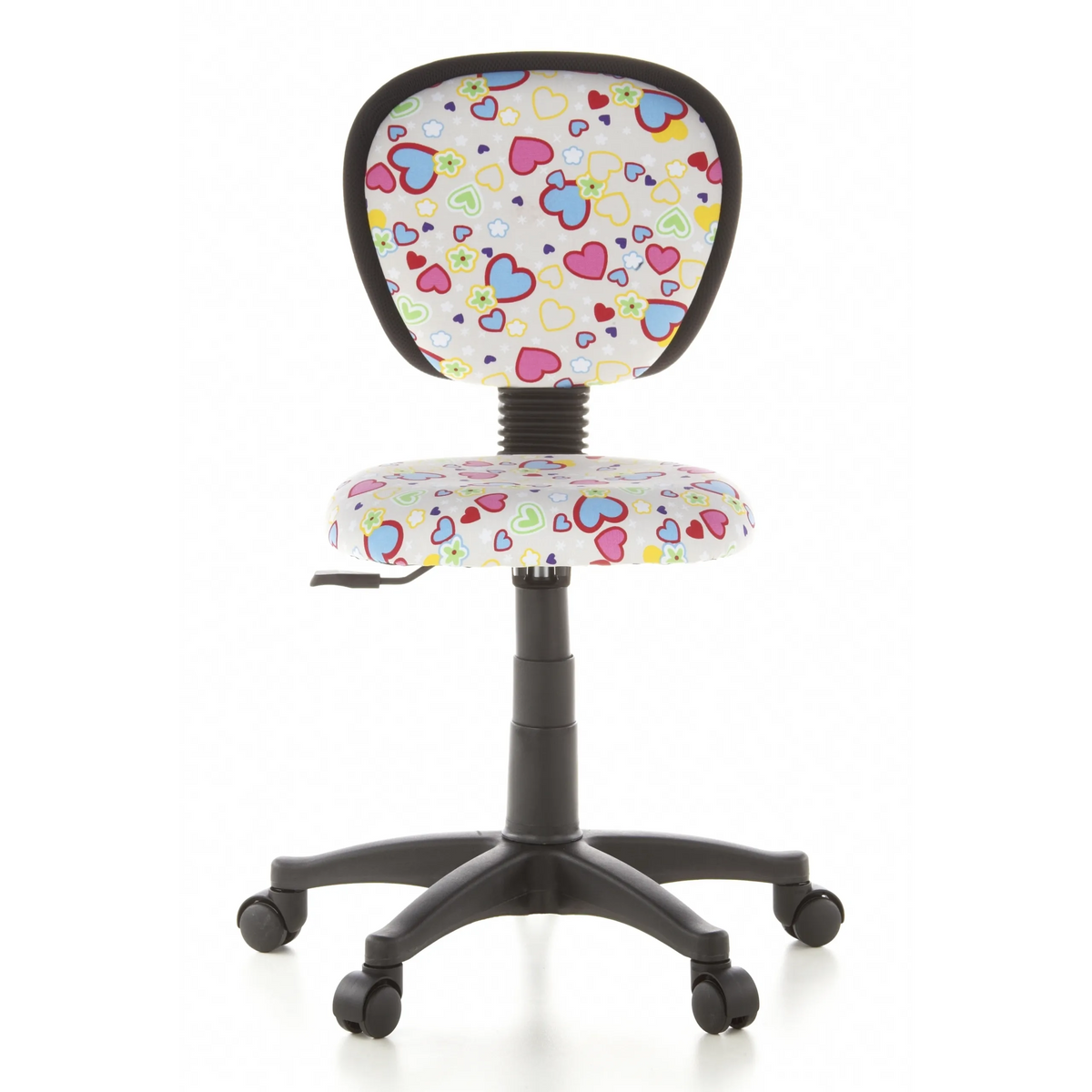 Kinder bureaustoel KIDDY TOP met kleurrijk hart- en bloemenpatroon en vijfpoot met zwenkwielen van hjh OFFICE – 360-gradenweergave (vooraanzicht 0°)