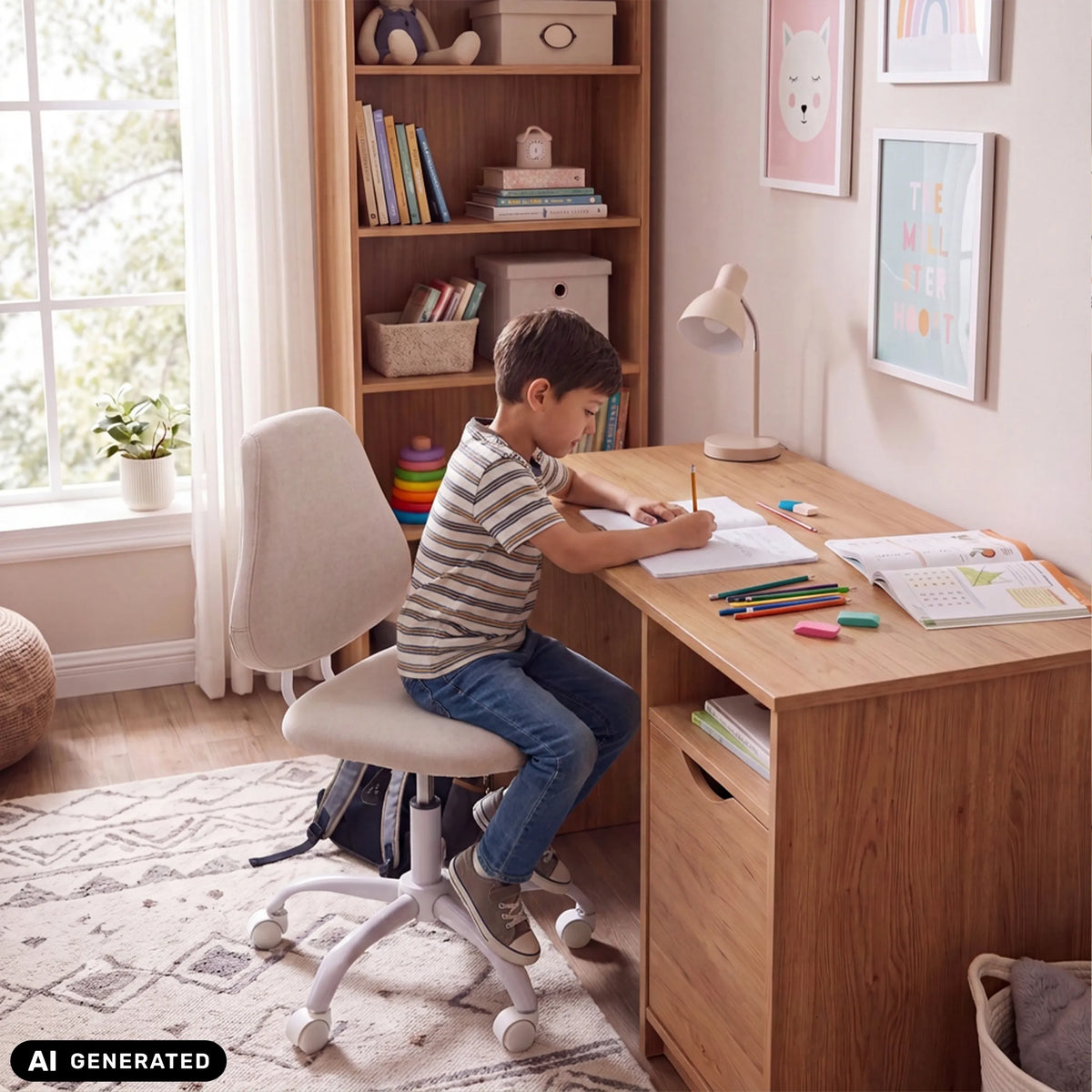 Beige Lumikid kinder bureaustoel aan een bureau van hjh OFFICE (AI-gegenereerde afbeelding)