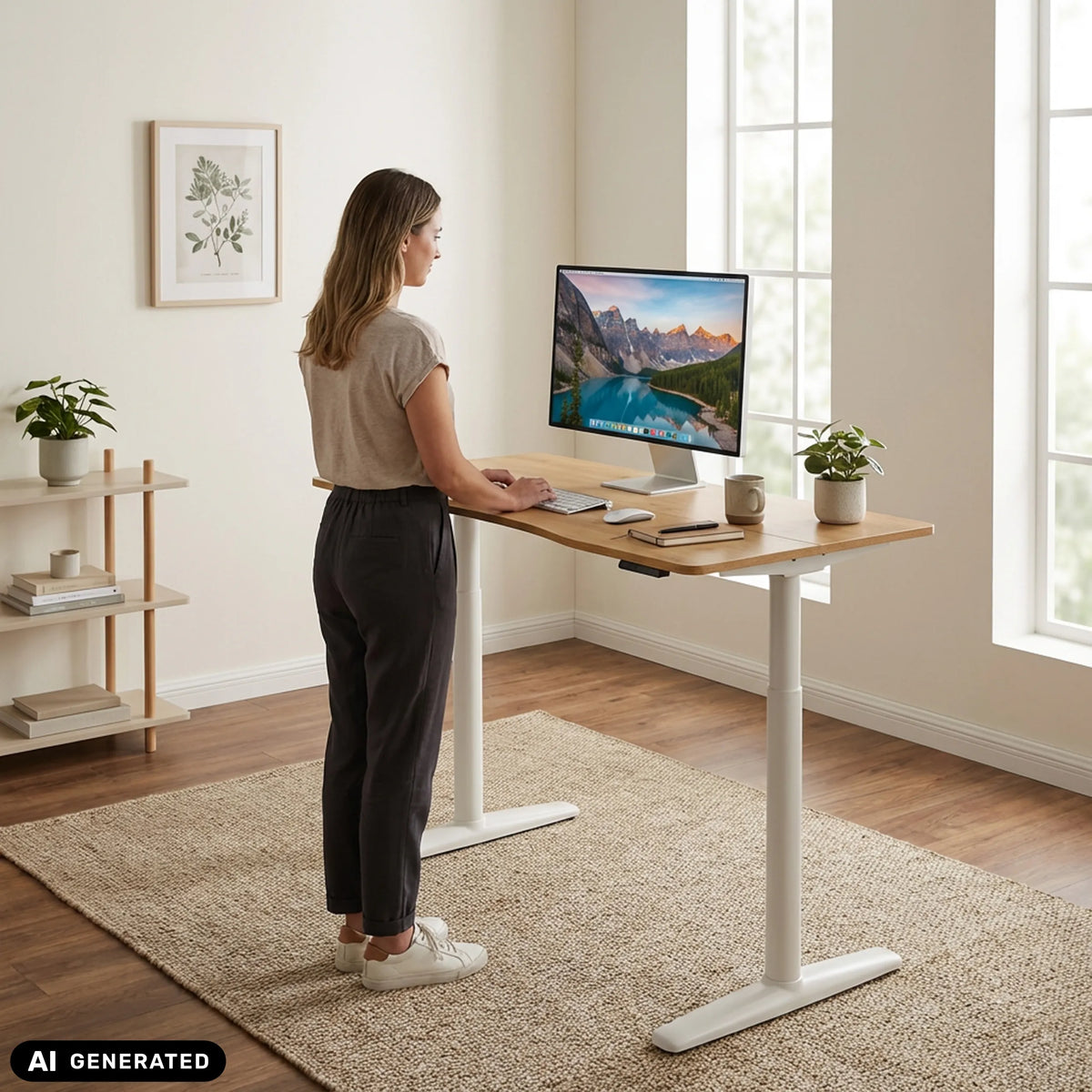 Elektrisch in hoogte verstelbaar bureau STAND PRO R in eikenlook met wit onderstel van hjh OFFICE (AI-gegenereerde afbeelding)