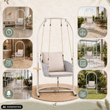 Beige Skylo hangstoel met wit frame en kussen in verschillende kameromgevingen van hjh LIVING (AI-gegenereerde afbeelding)