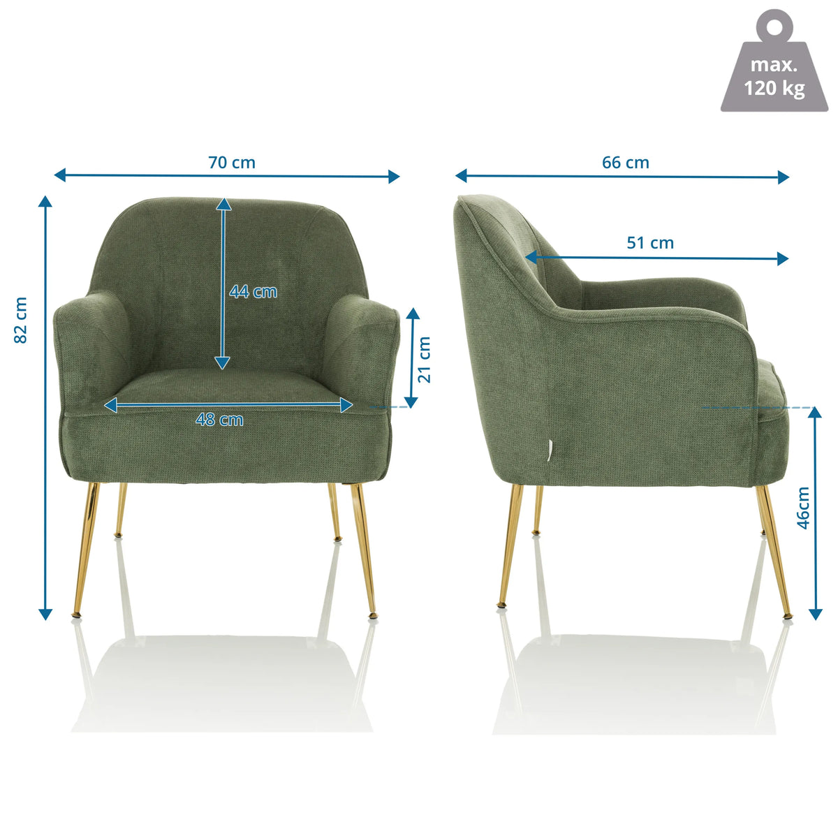 Maattekening van de Lounge stoel THASSOS met een breedte van 70 cm en een hoogte van 82 cm van hjh LIVING