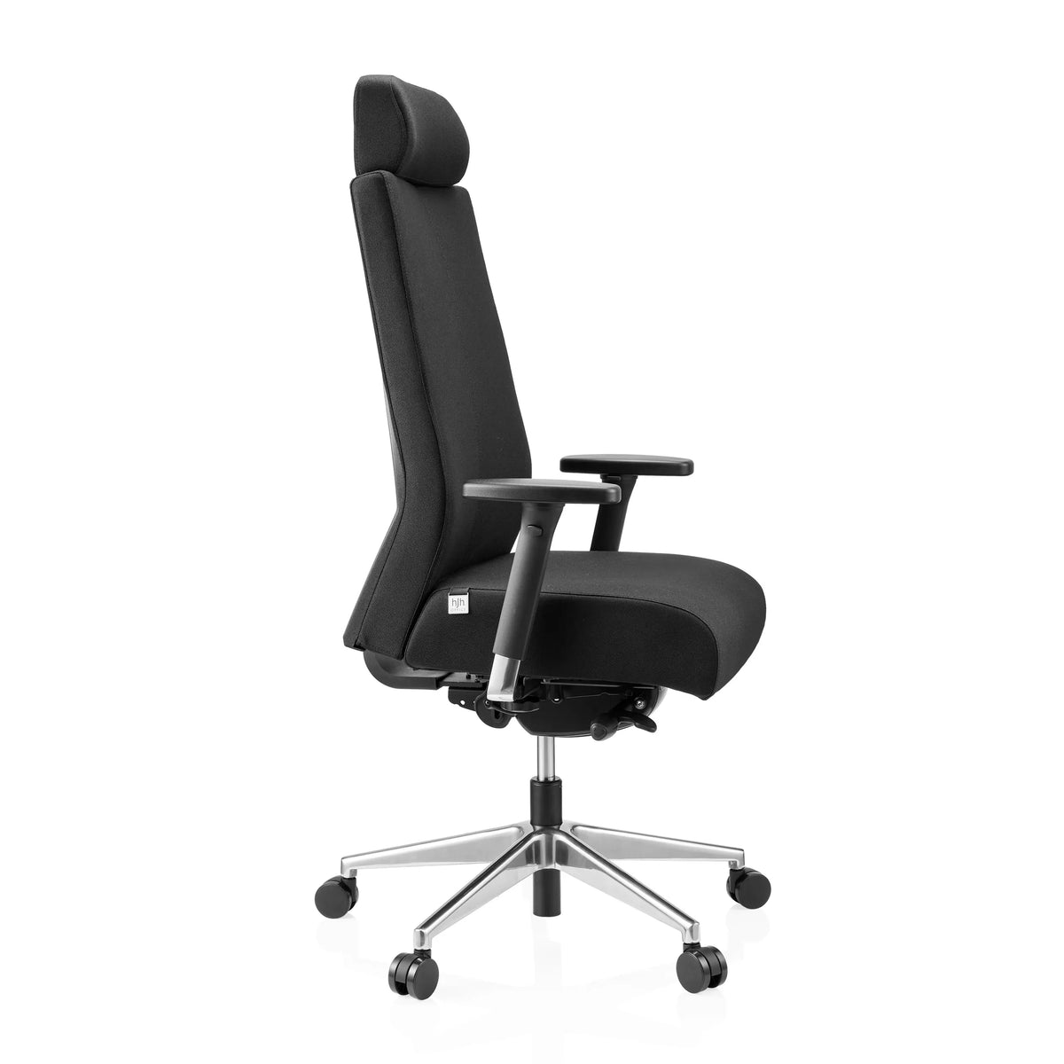 Zwarte Professionele bureaustoel PRO-TEC XXL met stoffen bekleding, hoofdsteun en vijfpoot met wieltjes van hjh OFFICE – 360-gradenweergave (zijaanzicht 75°)