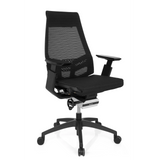Zwarte Professionele bureaustoel GENIDIA SMART BLACK met netrugleuning en vijfpoot met wieltjes van hjh OFFICE – 360-gradenweergave (schuin vooraanzicht 40°)