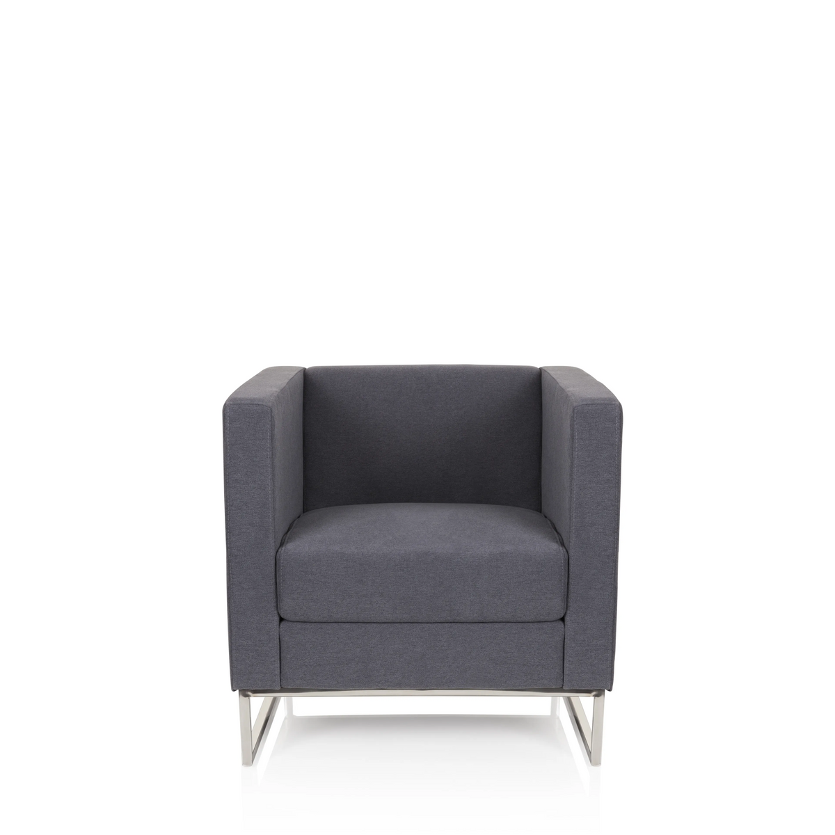 Donkergrijze Gestoffeerde fauteuil BARBADOS met vierkant design en metalen frame van hjh OFFICE – 360-gradenweergave (vooraanzicht 0°)