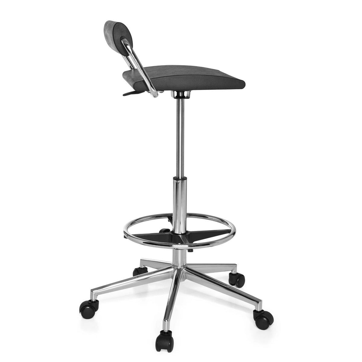 Zwarte Draaikruk TOP WORK 28 met voetring en vijfpoot met wieltjes van hjh OFFICE – 360-gradenweergave (zijaanzicht 100°)
