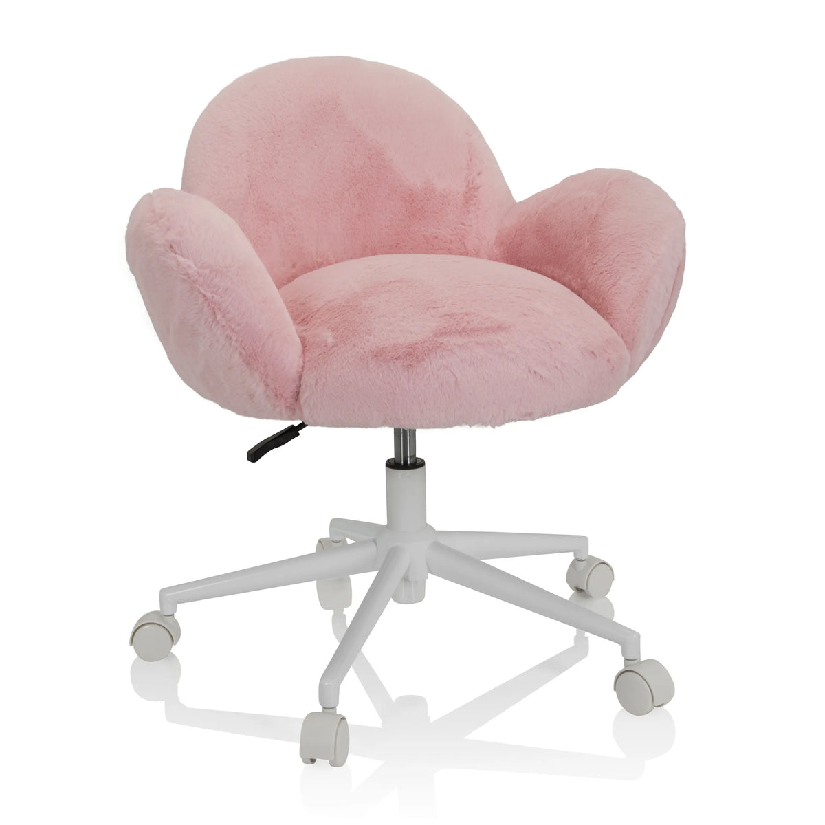 Roze Kinder bureaustoel KID TEDDY met pluche bekleding en wit vijfsterrenonderstel op wieltjes van hjh OFFICE – 360-gradenweergave (vooraanzicht 20°)