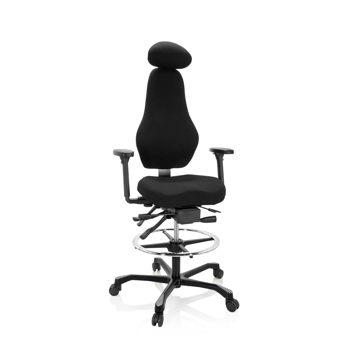 Zwarte Baliestoel RESISTIO WORK met hoofdsteun, voetring en vijfsterrenvoet met zwenkwielen van hjh OFFICE – 360-gradenweergave (vooraanzicht 20°)
