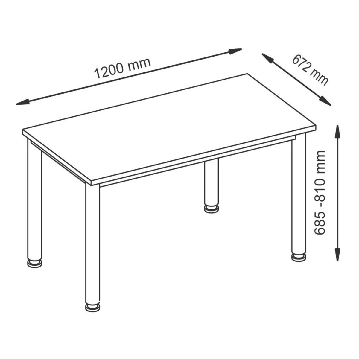Maattekening van het bureau HILO 612 S met afmetingen 1200 x 672 mm en een hoogte van 685-810 mm van hjh OFFICE PRO