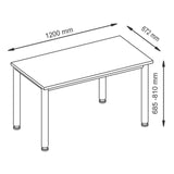 Maattekening van het bureau HILO 612 S met afmetingen 1200 x 672 mm en een hoogte van 685-810 mm van hjh OFFICE PRO