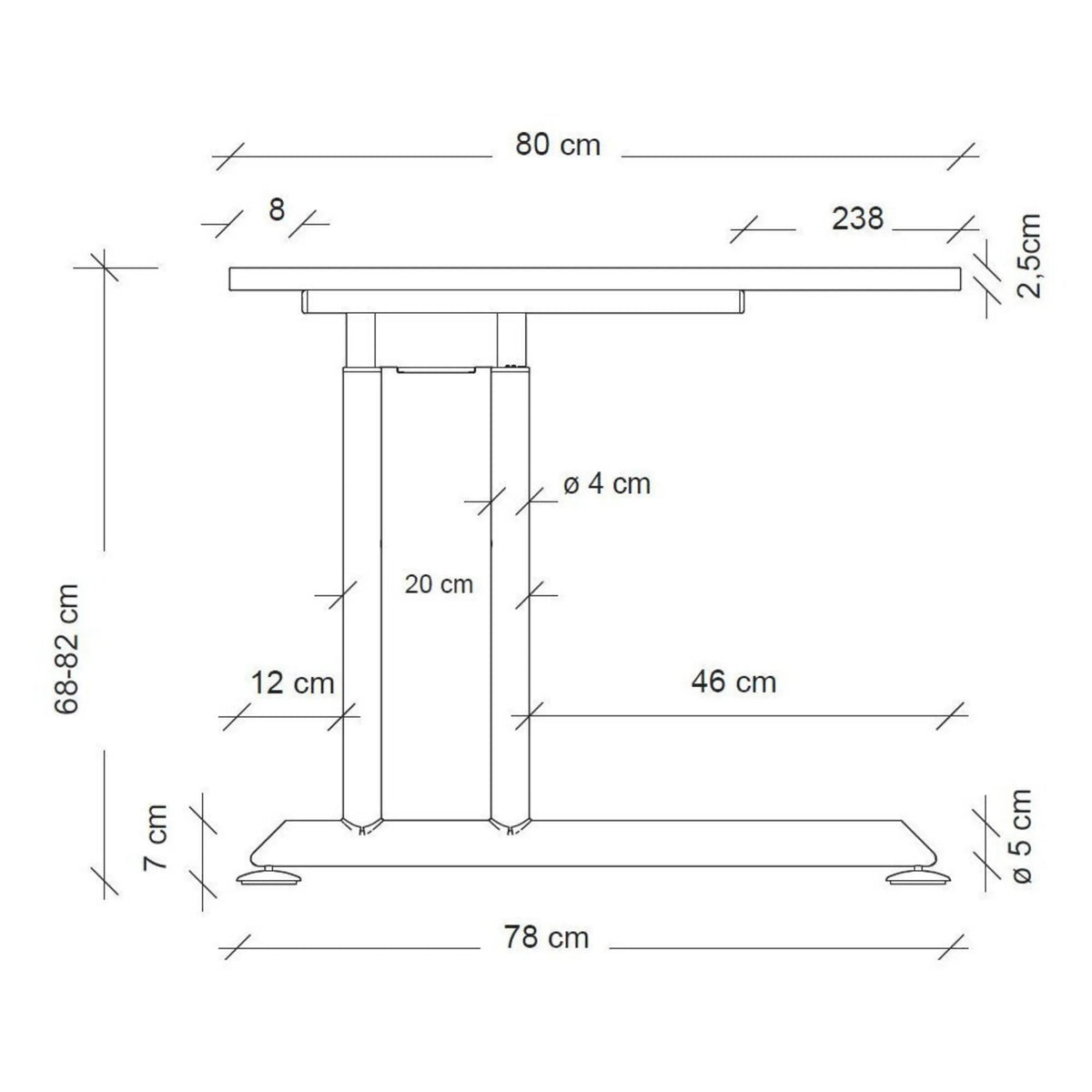 Maattekening van het in hoogte verstelbare bureau ZENO 16 S met een bladdiepte van 80 cm van hjh OFFICE PRO
