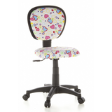 Kinder bureaustoel KIDDY TOP met kleurrijk hart- en bloemenpatroon en vijfpoot met zwenkwielen van hjh OFFICE – 360-gradenweergave (vooraanzicht 20°)