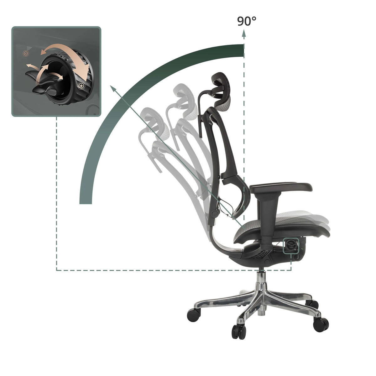 Verstelbare rugleuning van de luxe directiestoel ERGOHUMAN SLIM ULTRA GEN2 met een kantelhoek van 90° van hjh OFFICE