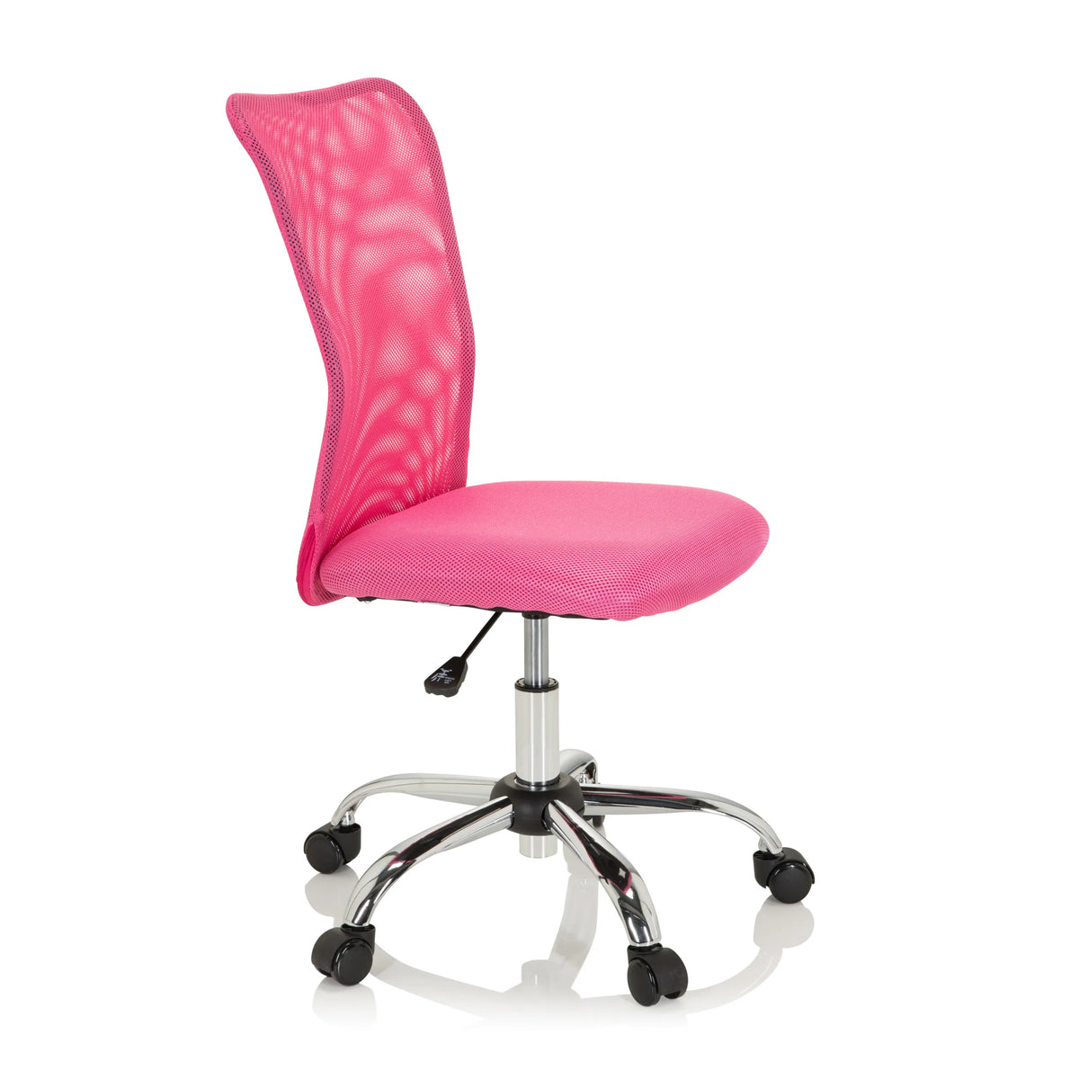 Roze Kinder bureaustoel KIDDY NET I met netrugleuning en vijfpotig onderstel met zwenkwielen van hjh OFFICE – 360-gradenweergave (schuin vooraanzicht 60°)
