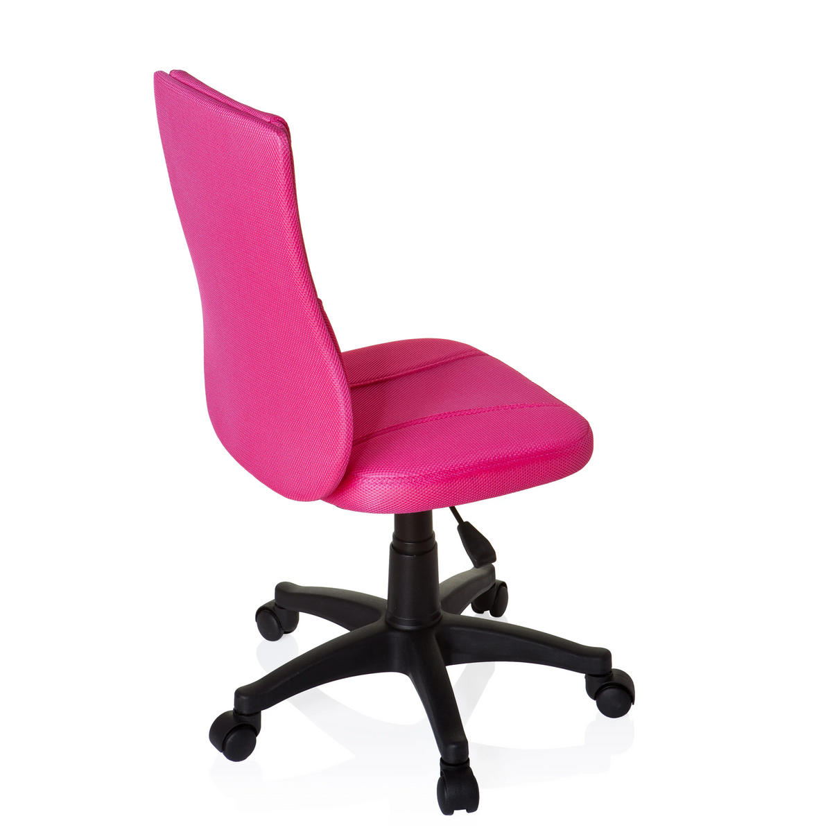 Pinker Kinderdrehstuhl KIDDY BASE mit Netzrücken und schwarzem Fußkreuz mit fünf Rollen von hjh OFFICE – 360-Grad-Ansicht (schräge Rückenansicht 120°)