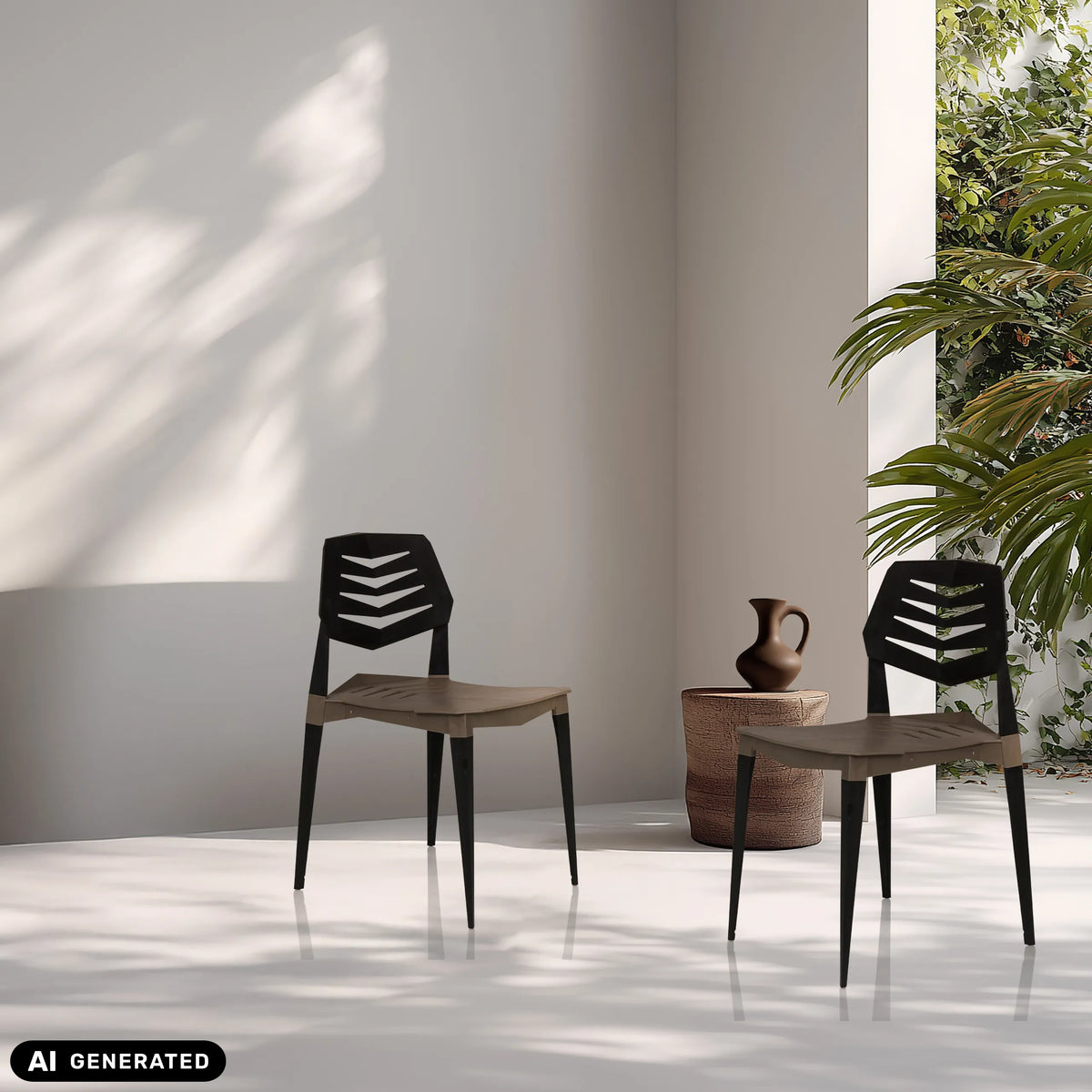 Twee Flecharo outdoor stoelen in bruin en zwart van hjh LIVING (AI-gegenereerde afbeelding)