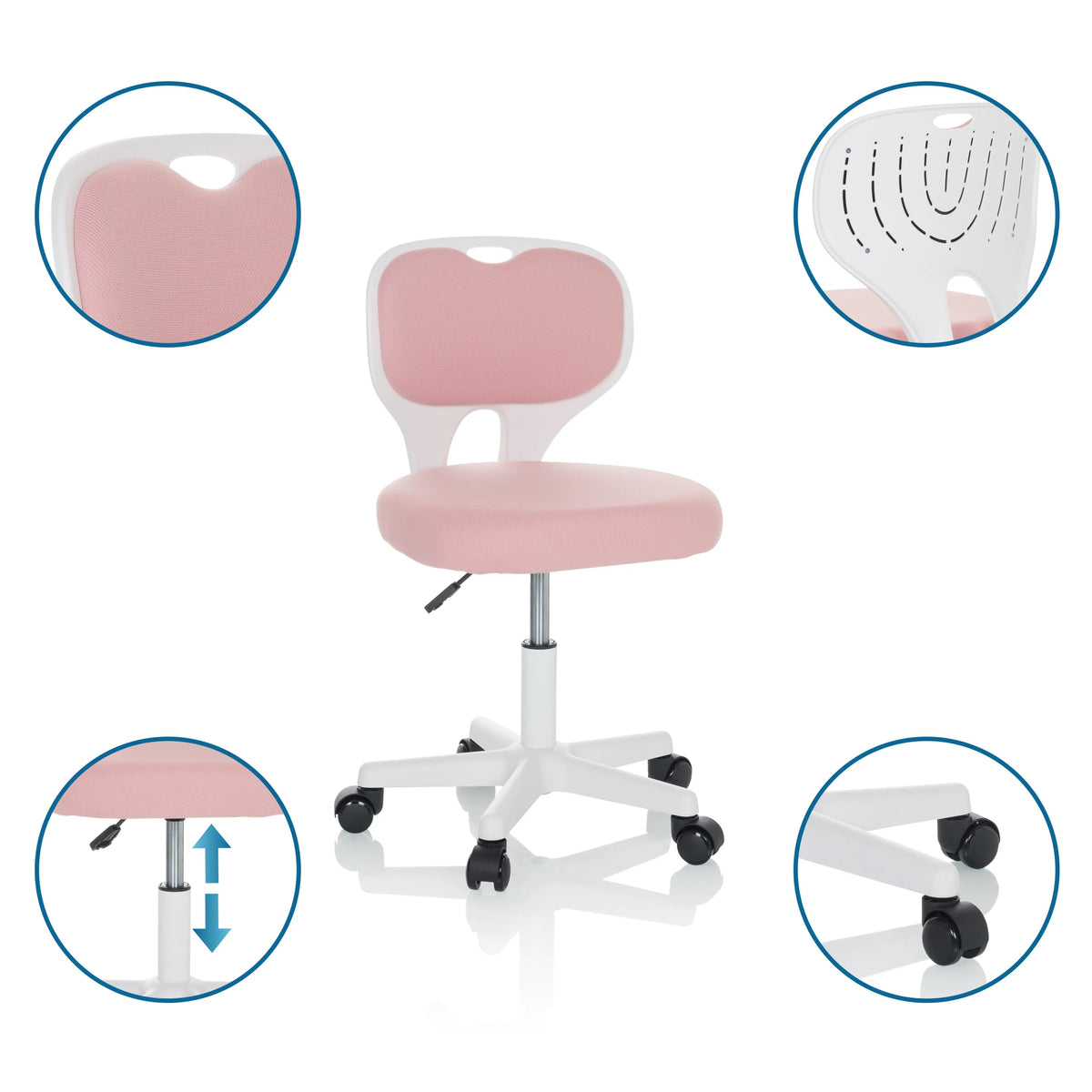 Roze kinder bureaustoel KIDDY TOP W met wit frame, wieltjes en in hoogte verstelbare zitting van hjh OFFICE