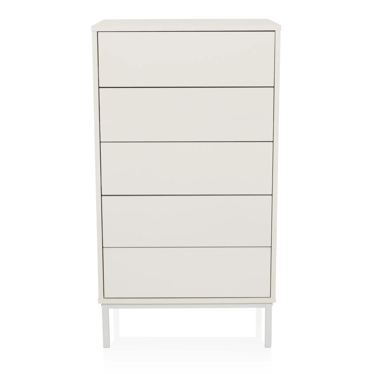 Witte Commode BJORDAL met vijf lades en slanke metalen poten van hjh LIVING – 360-gradenweergave (vooraanzicht 0°)