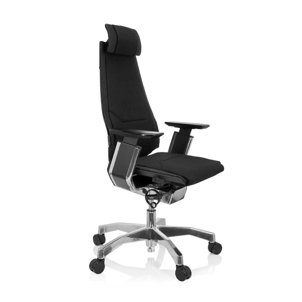 Zwarte High end bureaustoel GENIDIA PRO met stoffen bekleding en vijfpoot met wieltjes van hjh OFFICE – 360-gradenweergave (schuin vooraanzicht 60°)