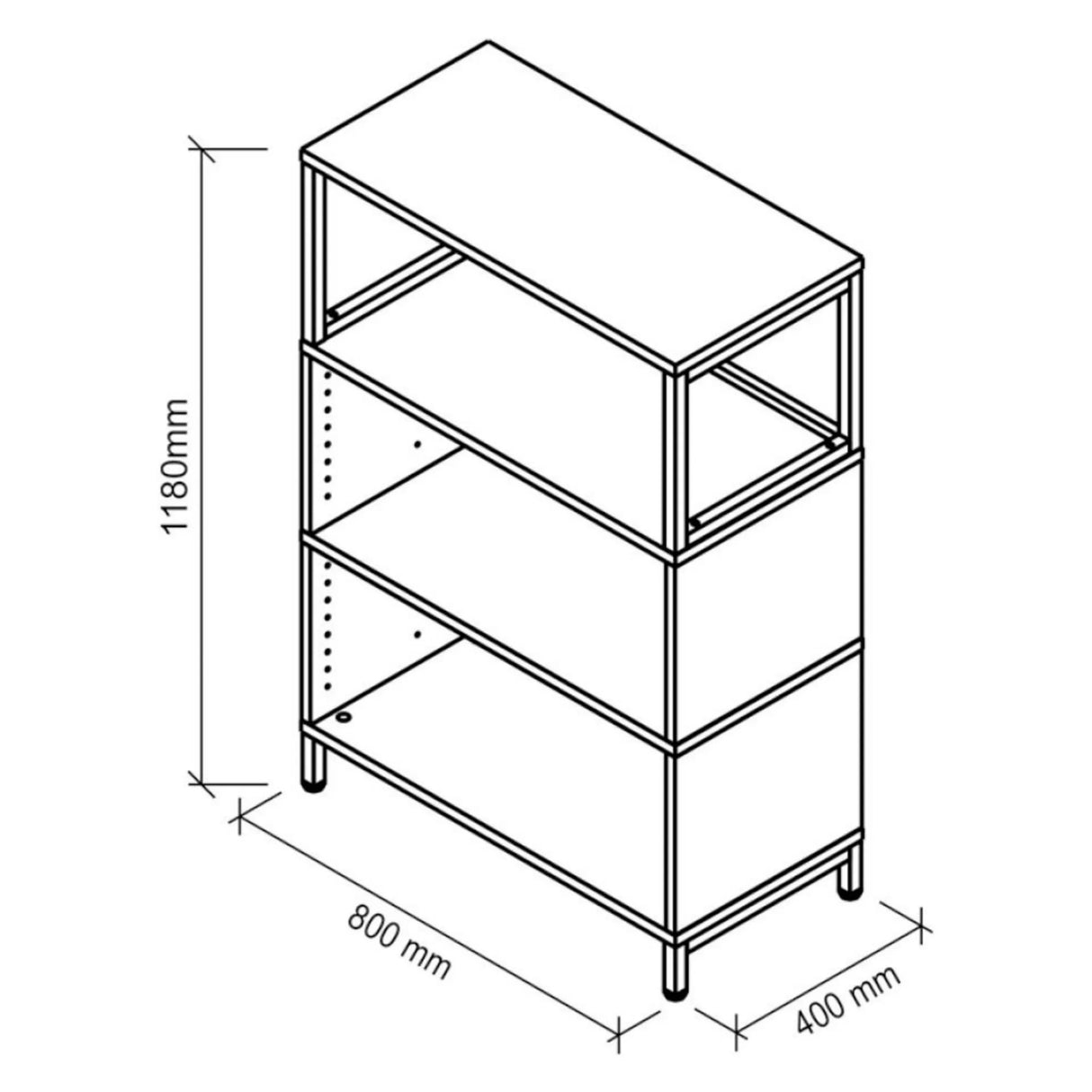Technische tekening van het rek FlexWall met 800 x 400 mm en een hoogte van 1180 mm van hjh OFFICE PRO