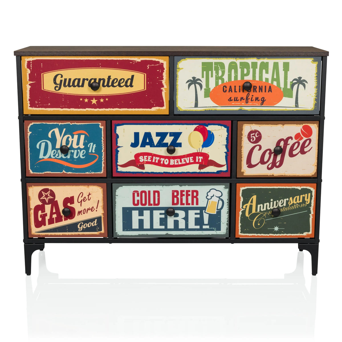 Commode AMERIKO B met zes kleurrijk bedrukte vintage lades en zwarte poten van hjh LIVING – 360-gradenweergave (vooraanzicht 0°)