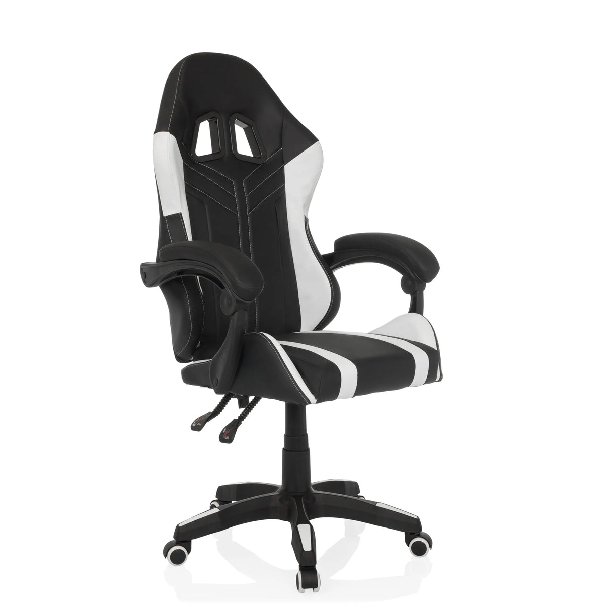 Zwart-witte Gamestoel GAMEBREAKER W02 met vijfpootkruis met zwenkwielen van MyBuero – 360-gradenweergave (schuin vooraanzicht 45°)