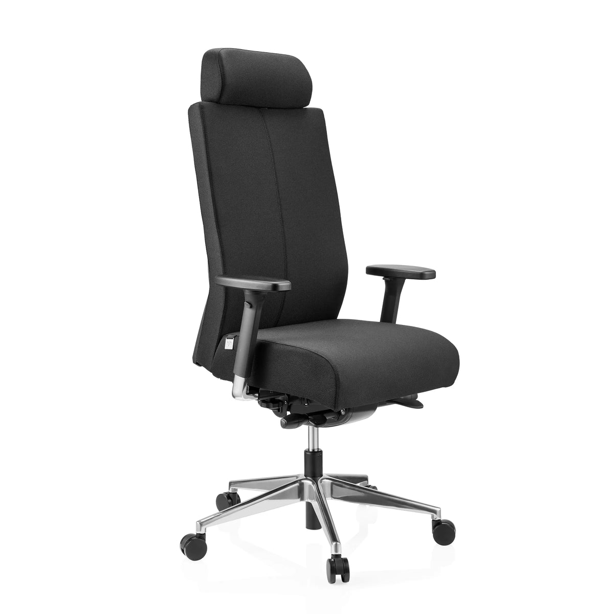 Zwarte Professionele bureaustoel PRO-TEC XXL met stoffen bekleding, hoofdsteun en vijfpoot met wieltjes van hjh OFFICE – 360-gradenweergave (schuin vooraanzicht 45°)