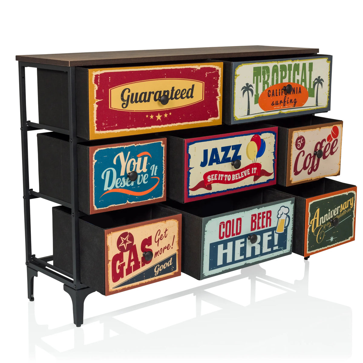Commode AMERIKO B met zes kleurrijk vormgegeven laden in vintage-look en een zwart metalen frame van hjh LIVING
