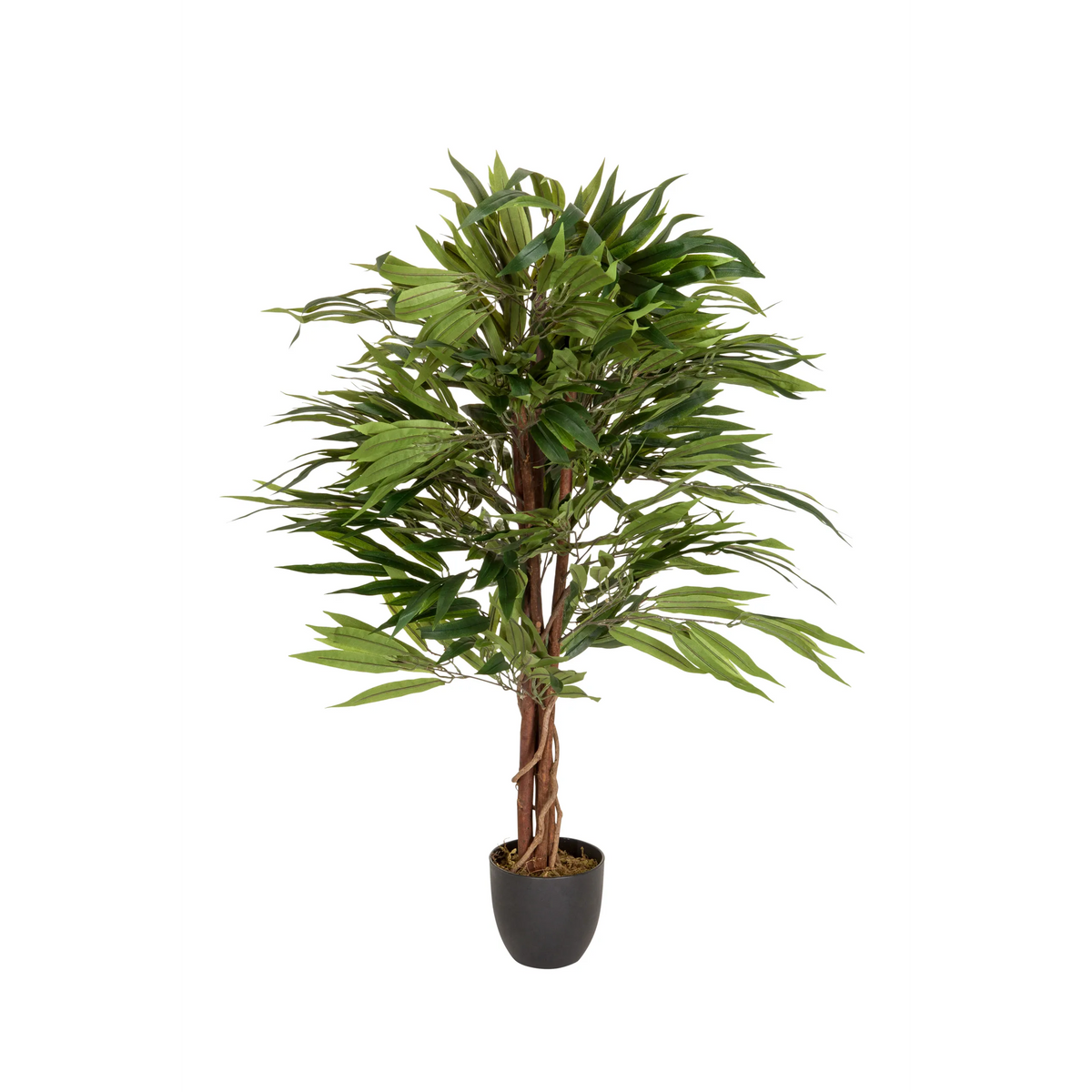 Groene Kunstplant MANGO met gevlochten stam in een zwarte pot van hjh OFFICE – 360-gradenweergave (vooraanzicht 0°)