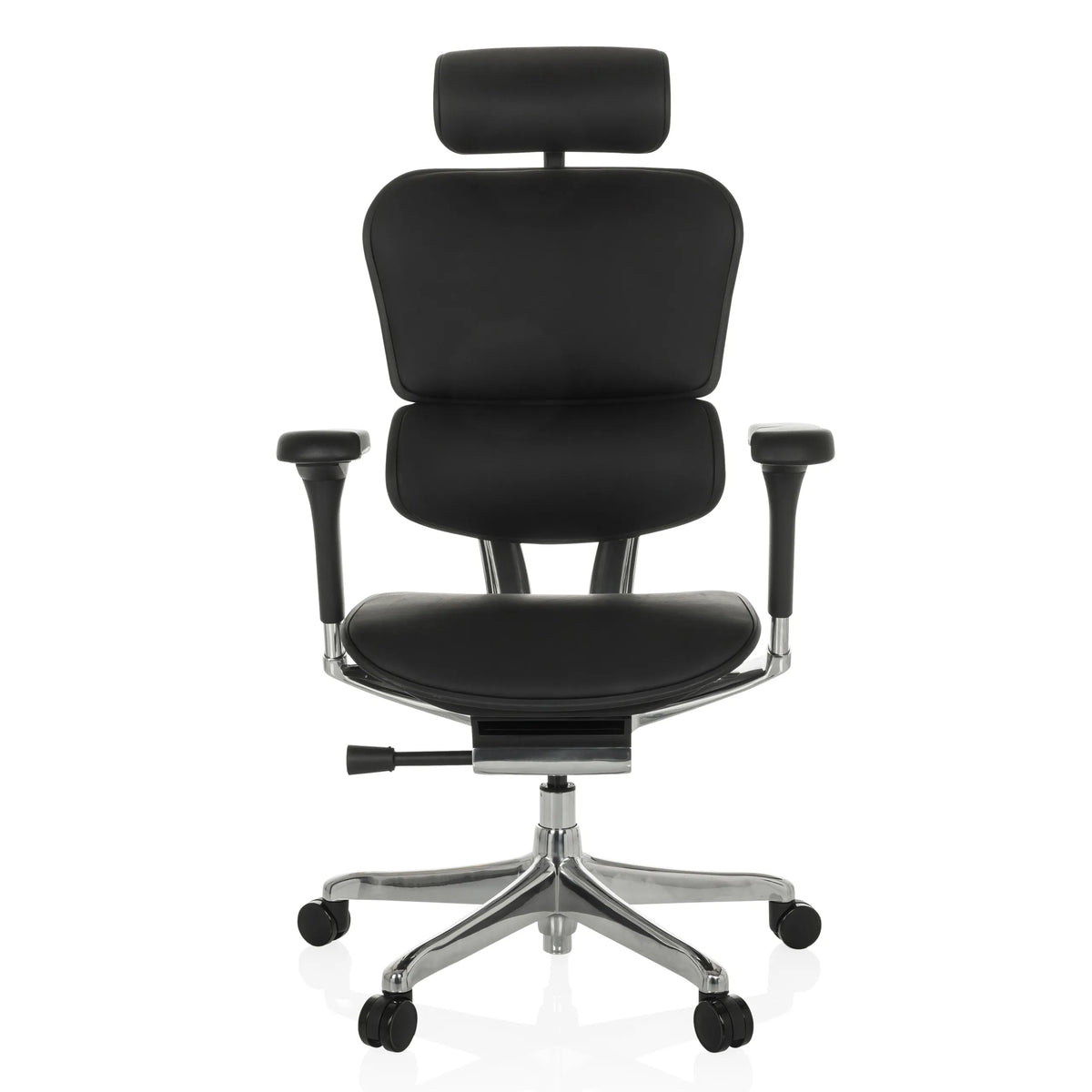 Zwarte Luxe directiestoel ERGOHUMAN GEN2 van leder met hoofdsteun en vijfsterrenvoet met zwenkwielen van hjh OFFICE – 360-gradenweergave (vooraanzicht 0°)