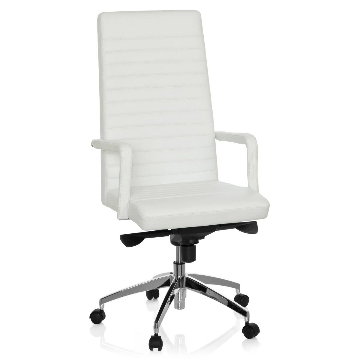 Witte Professionele directiestoel LENGA met horizontale stiknaden en vijfsterrenvoet met rolletjes van hjh OFFICE – 360-gradenweergave (vooraanzicht 20°)
