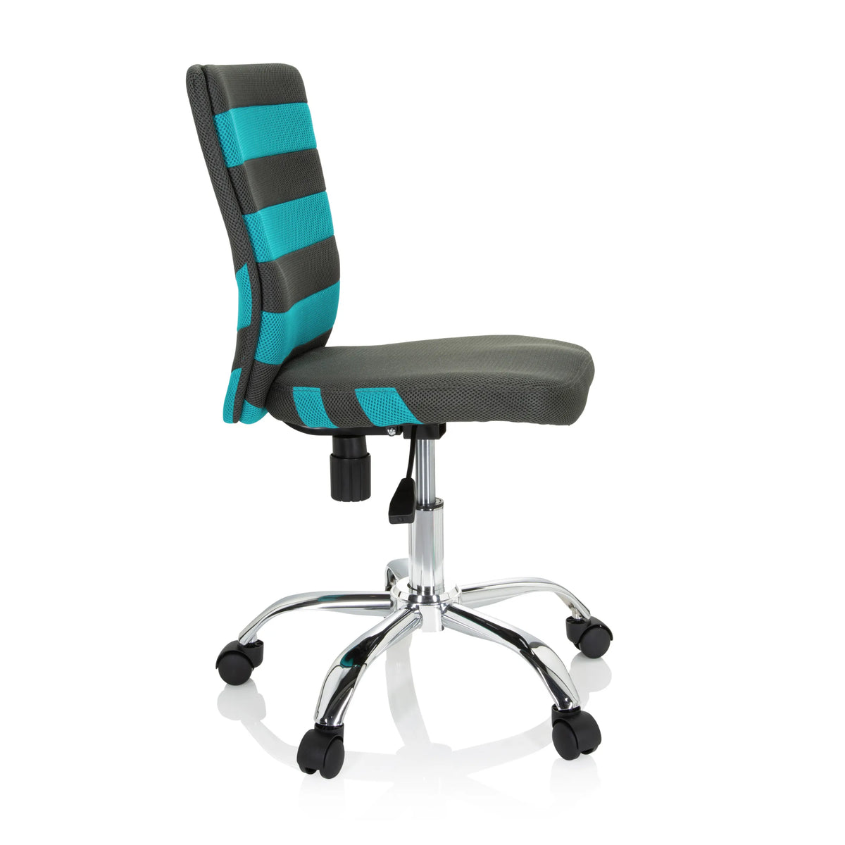 Grijze KIDDY COMFORT I kinder bureaustoel met turquoise strepen in de netrugleuning en een vijfsterrenvoet met wieltjes van hjh OFFICE – 360-gradenweergave (zijaanzicht 80°)