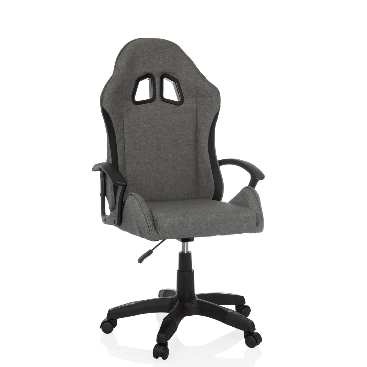Grijze Gamestoel GAMEBREAKER W01 met twee uitsparingen voor de hoofdsteun en vijfpoot met zwenkwielen van MyBuero – 360-gradenweergave (vooraanzicht 15°)