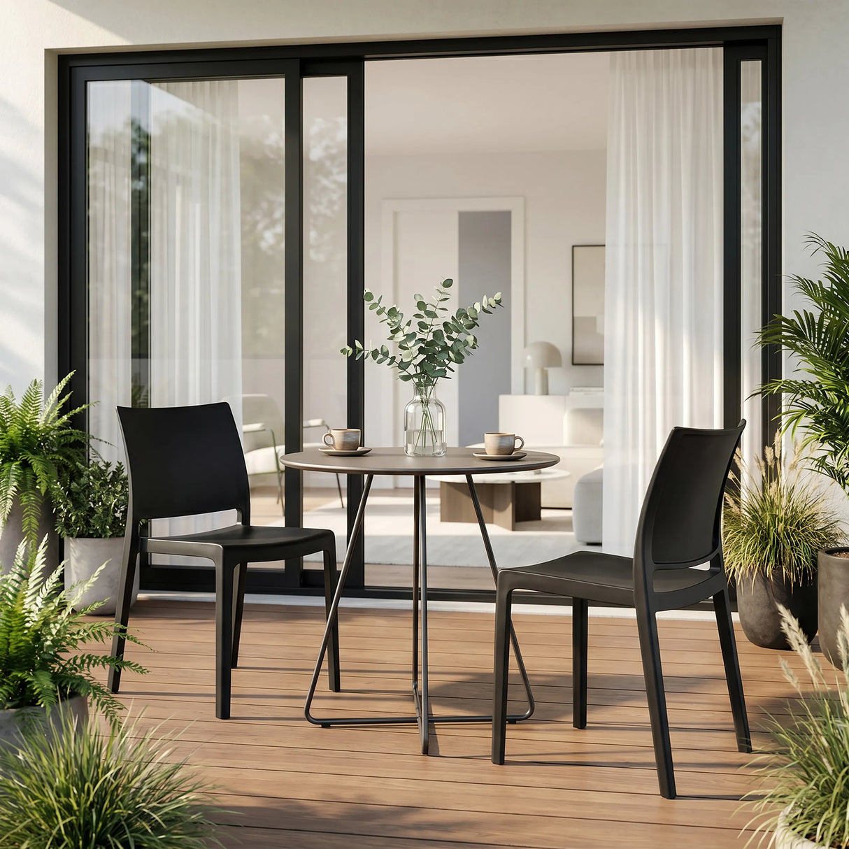 Outdoor stoelen T37 V 4 in zwart aan een ronde tuintafel op een terras van hjh LIVING