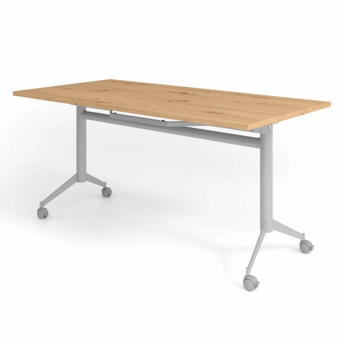 Verrijdbare Conferentietafel KALA 16 met tafelblad in rustiek eiken en zilveren onderstel van hjh OFFICE PRO