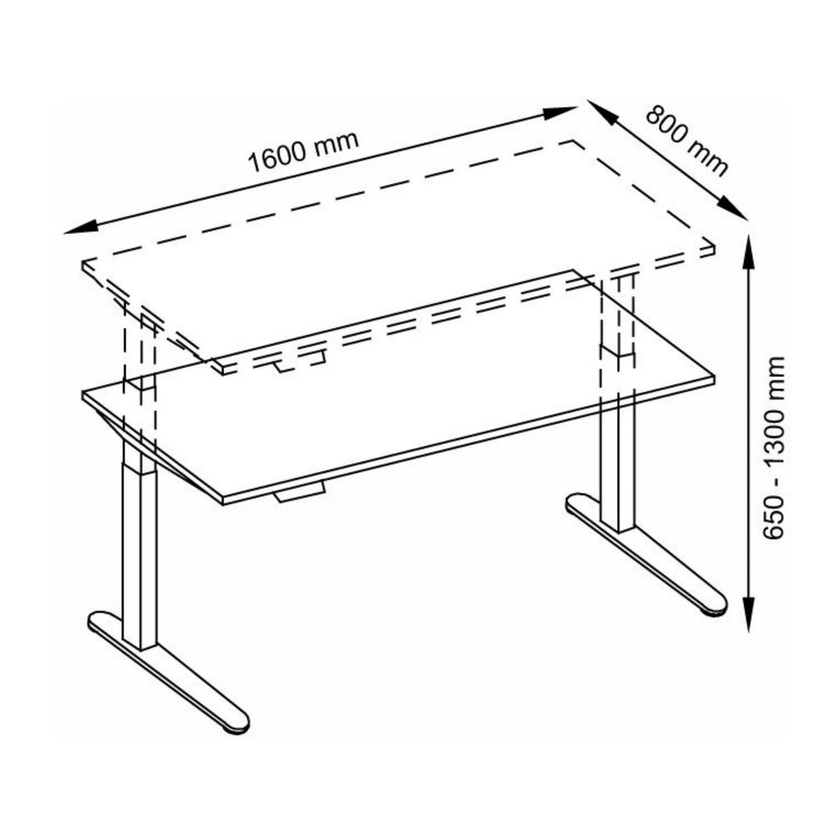 Technische tekening van het bureau XBHM 16 GG met 1600 × 800 mm van hjh OFFICE PRO