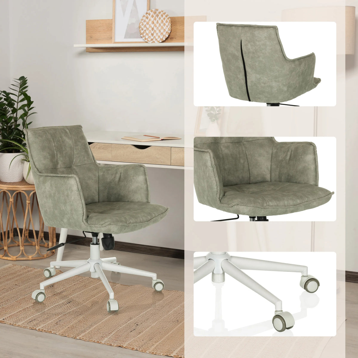 Grijze Thuisgebruik bureaustoel SOLAO LIFE W met detailopnamen van de bekleding en wit onderstel met wielen van hjh LIVING