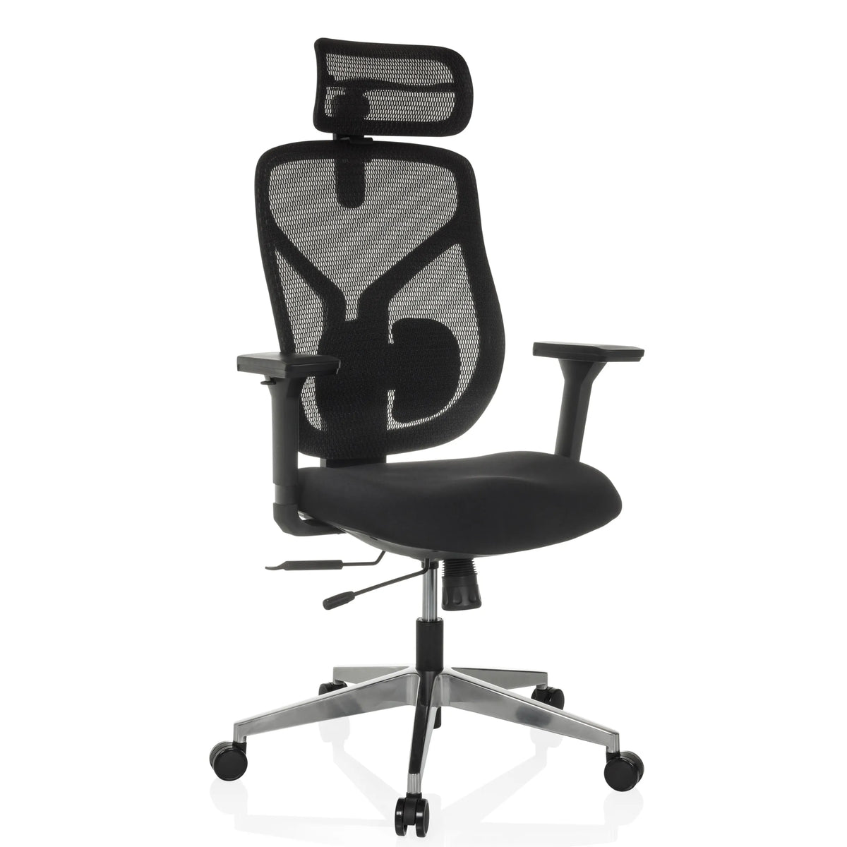 Zwarte High end bureaustoel CASSILIS B met netrugleuning en vijfpoot met wielen van hjh OFFICE – 360-gradenweergave (schuin vooraanzicht 30°)