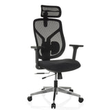 Zwarte High end bureaustoel CASSILIS B met netrugleuning en vijfpoot met wielen van hjh OFFICE – 360-gradenweergave (schuin vooraanzicht 30°)