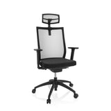 Zwarte Professionele bureaustoel ASPEN PRO met netrug, hoofdsteun en vijfstervoet met wieltjes van hjh OFFICE – 360-gradenweergave (vooraanzicht 20°)