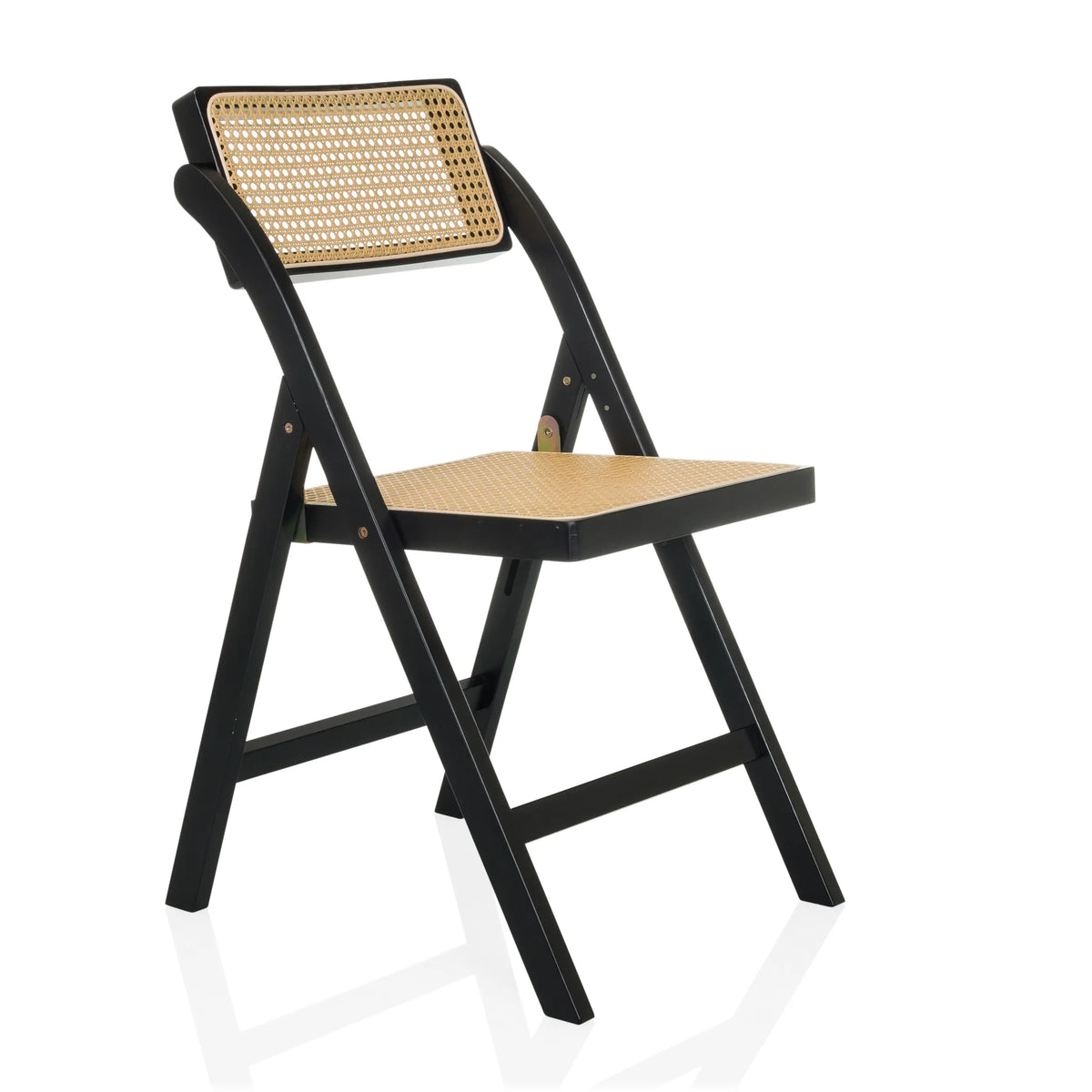 Zwarte Klapstoel TUDELA BAMBOO met bruine Weense vlechtzitting en -rugleuning van hjh LIVING – 360-gradenweergave (schuin vooraanzicht 45°)